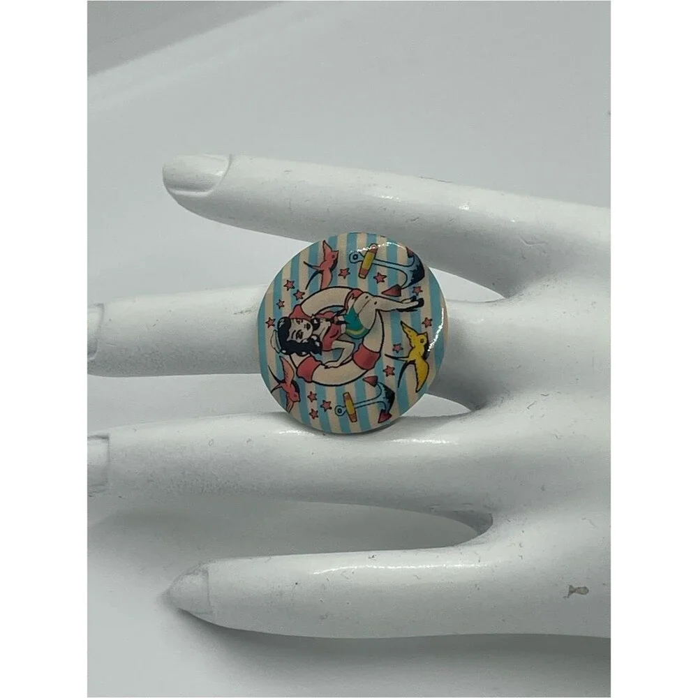 Hand Crafted Vintage Pinup Girl Pin Back Button Adjustable Ring NWT